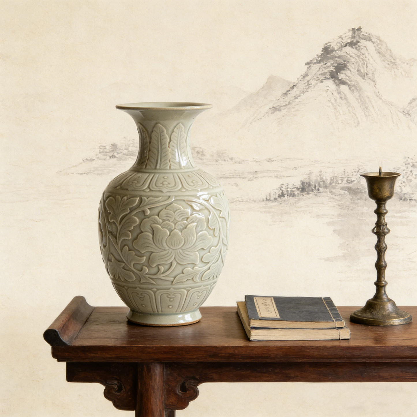 Celadon Carved Peony Pattern Display Vase