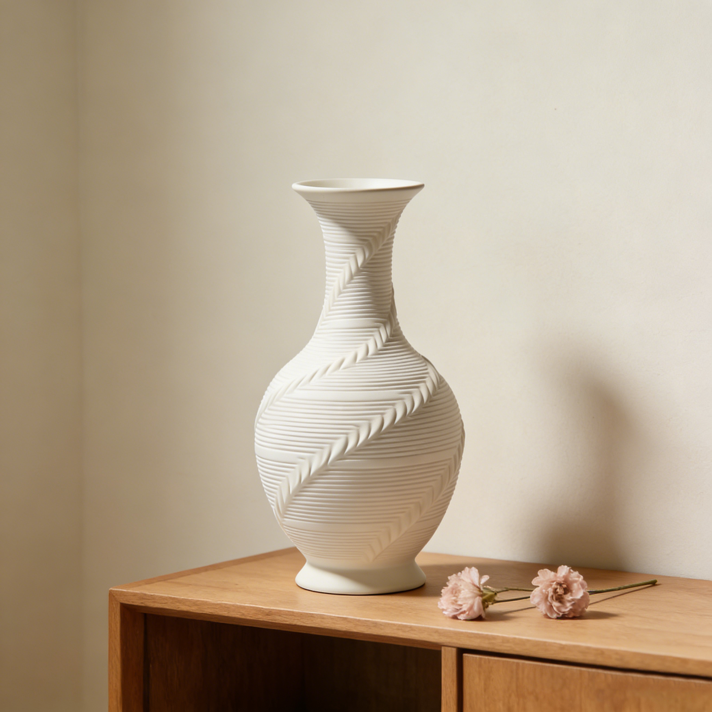 Diagonal Striped Relief Plain White Yuhuchun Vase
