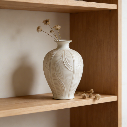 Bionic Leaf Vein Relief White Glaze Plum Vase