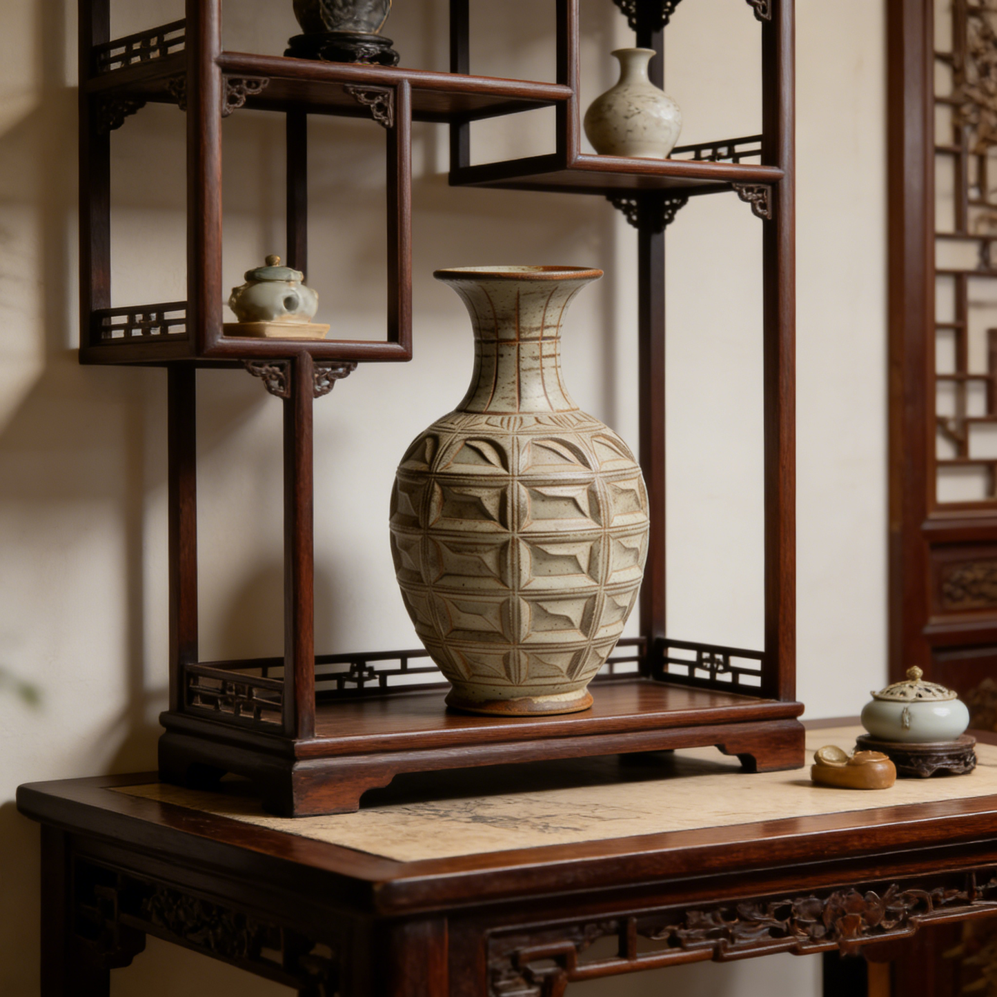 Geometric Carved Pattern Antique Porcelain Vase